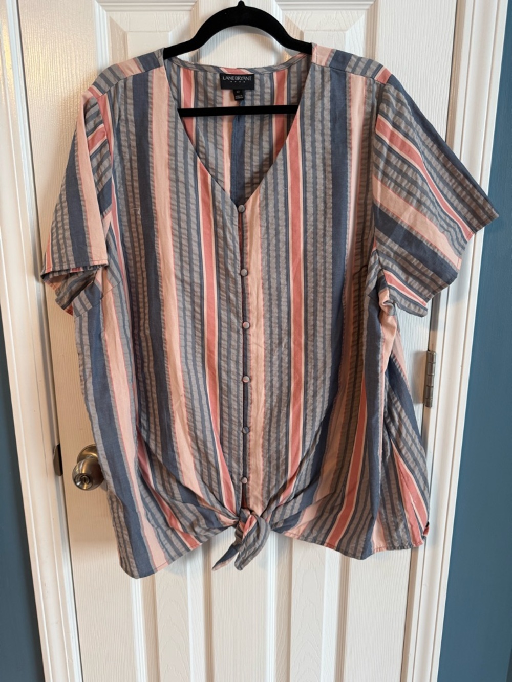 Lane Bryant Blue and Pink Striped Tie-Front Button Shirt